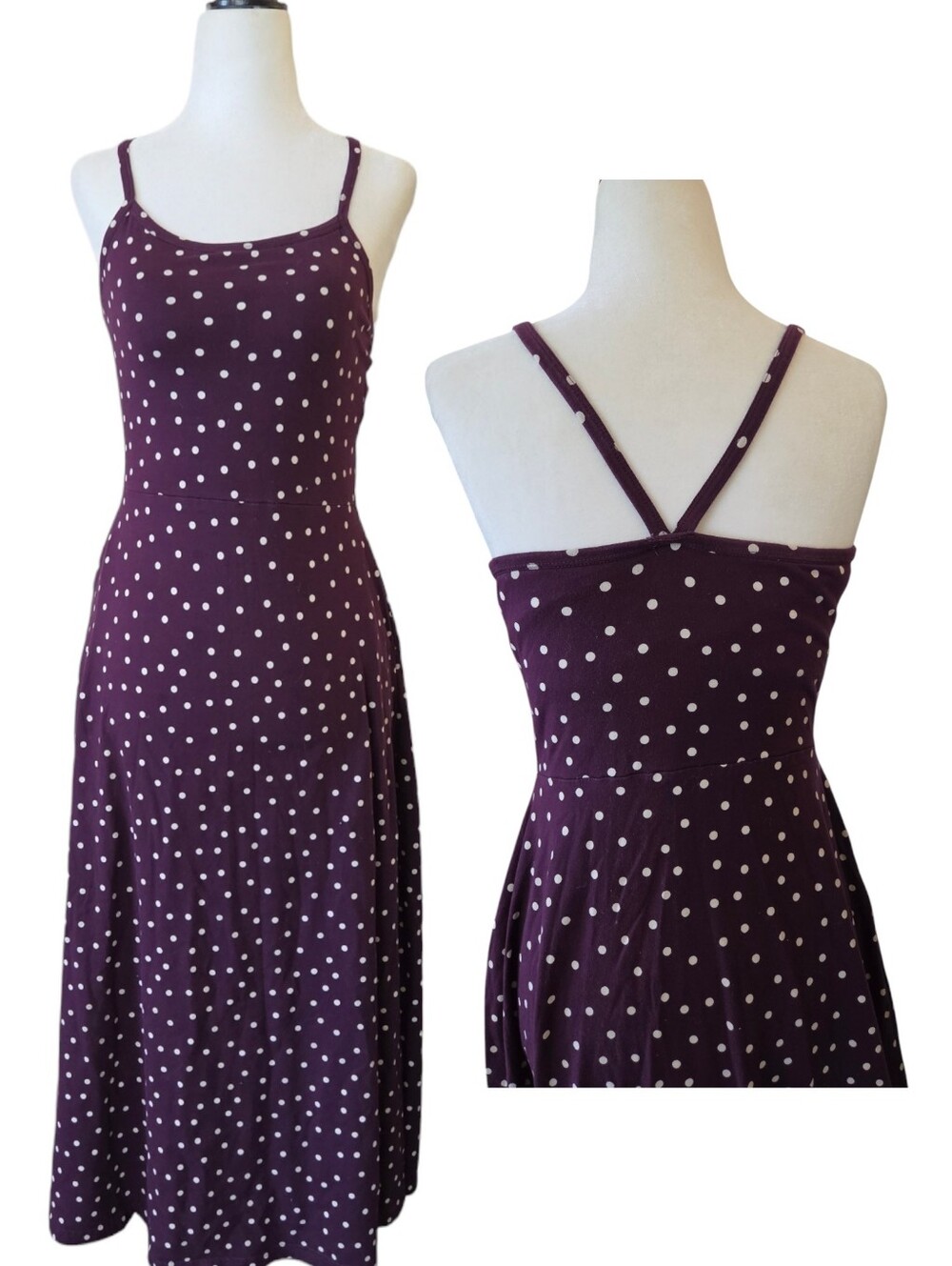 PACT | 100% Organic Cotton Fit & Flare Midi Dress | In Plum Polka Dot